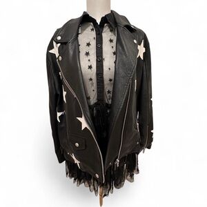 Star-Embellished Black Leather Jacket